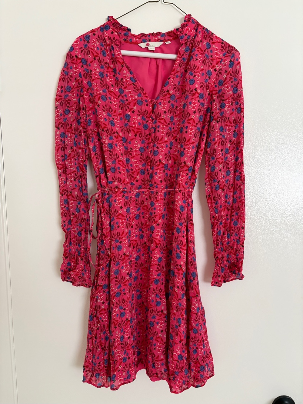 Boden Pink Floral Long-Sleeve Ruffle Neck Dress